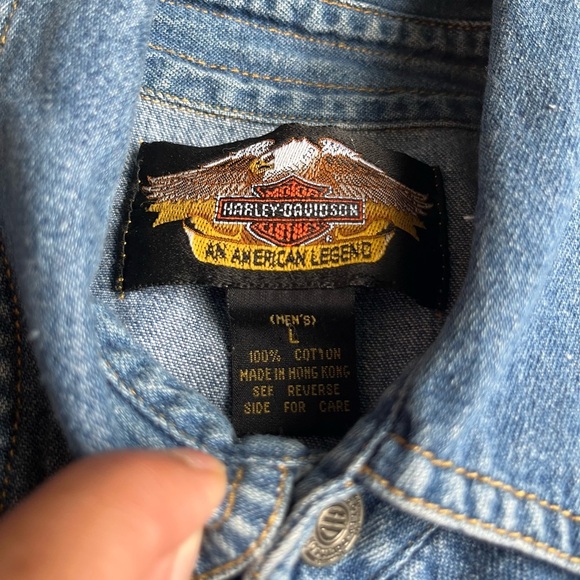 Vintage HARLEY Davidson Men's Genuine Denim Sleeveless Button Down Shirt SZ L - Picture 3 of 8